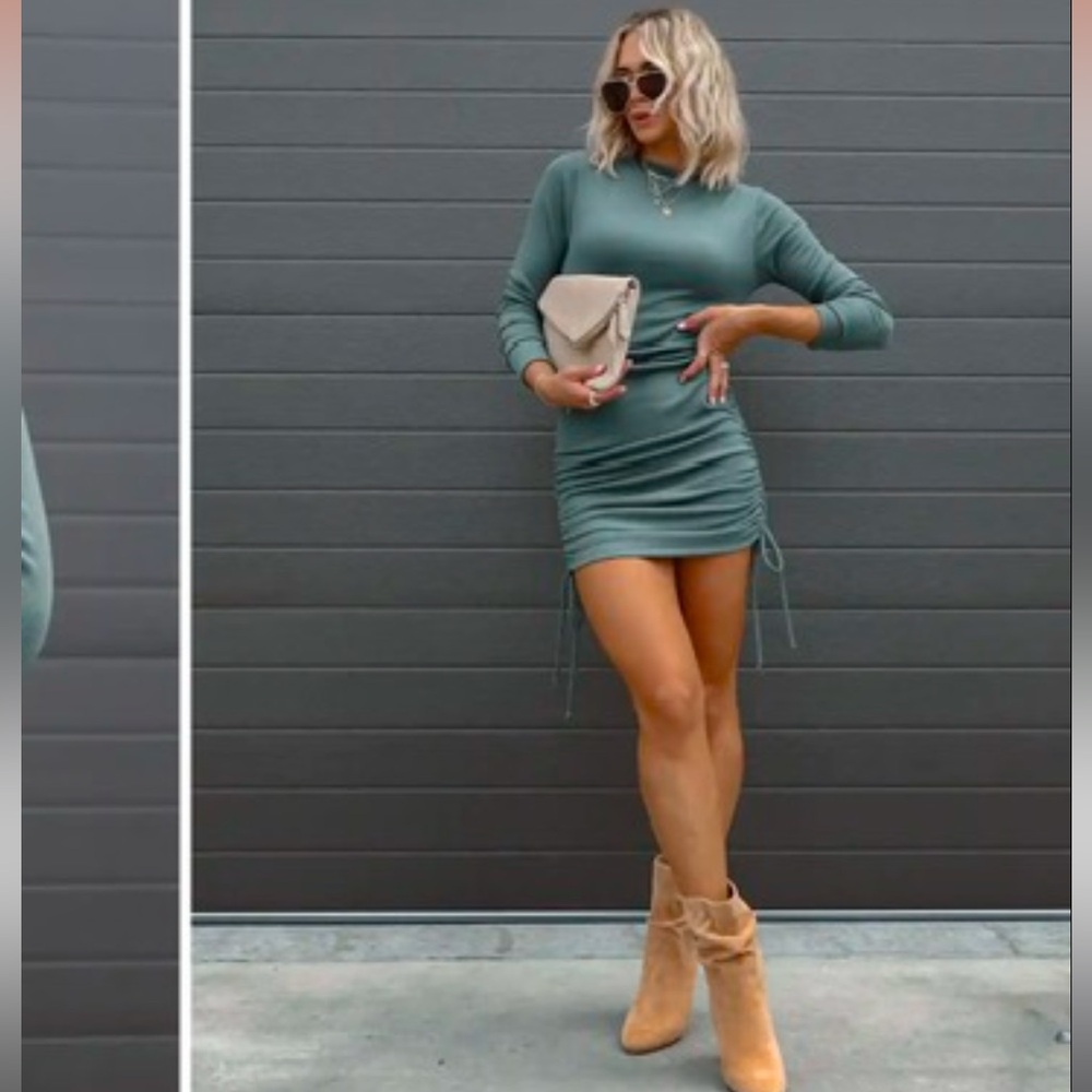 Vici kolby long sleeve ruched knit dress in green